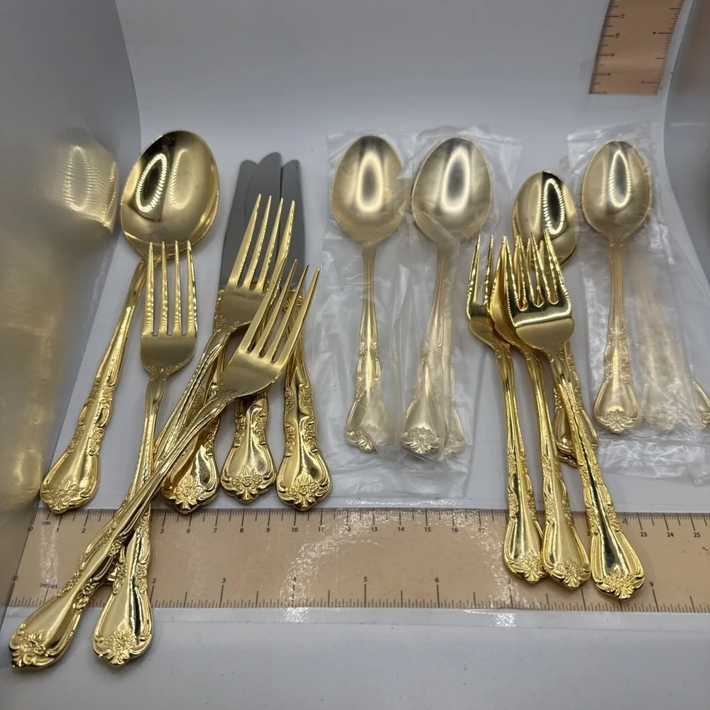 Oxford Hall Golden Collection Gold Rose‎ Flute Flatware Set - 23 Pieces
